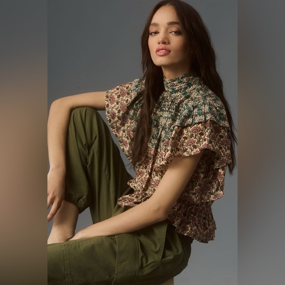 Let Me Be Anthropologie High-Neck Printed Peasant Blouse (T2) - Picture 3 of 10